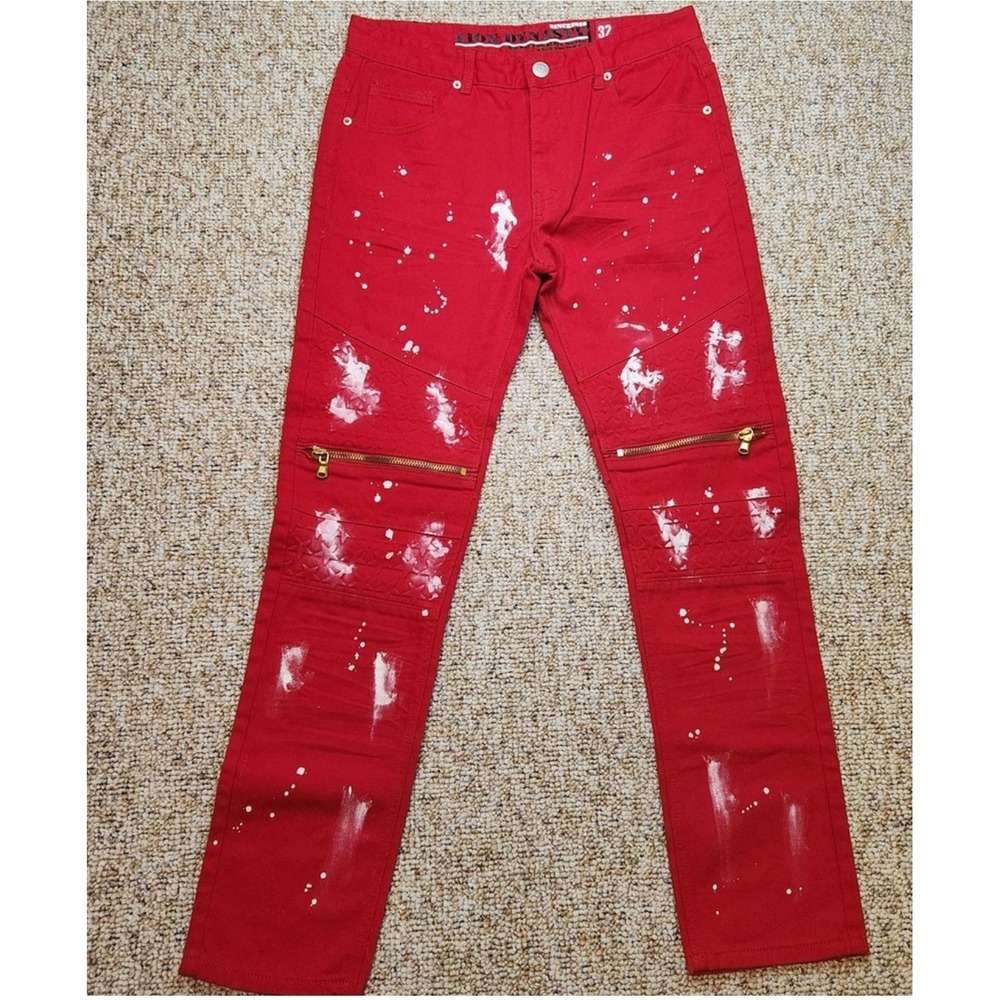Lion Dynasty Red Slim Fit Jeans Paint Splatter Gold Zip‎ Moto Style Rock Size 32
